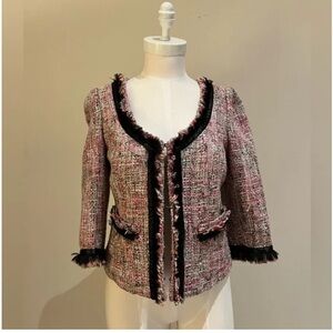 INC International Concepts Pink Mint Green Tweed Jacket With Fringe Womens XL